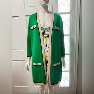 St. John Collection Long Green/Black Gold Buttons Open Front Cardigan Sz Large